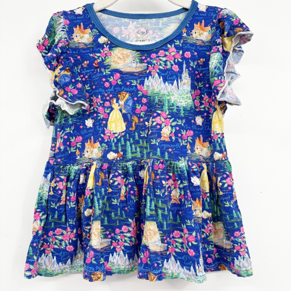 Cozy O Designs Girls Beauty and the Beast Bamboo Ruffle Peplum Top Size 5-6T